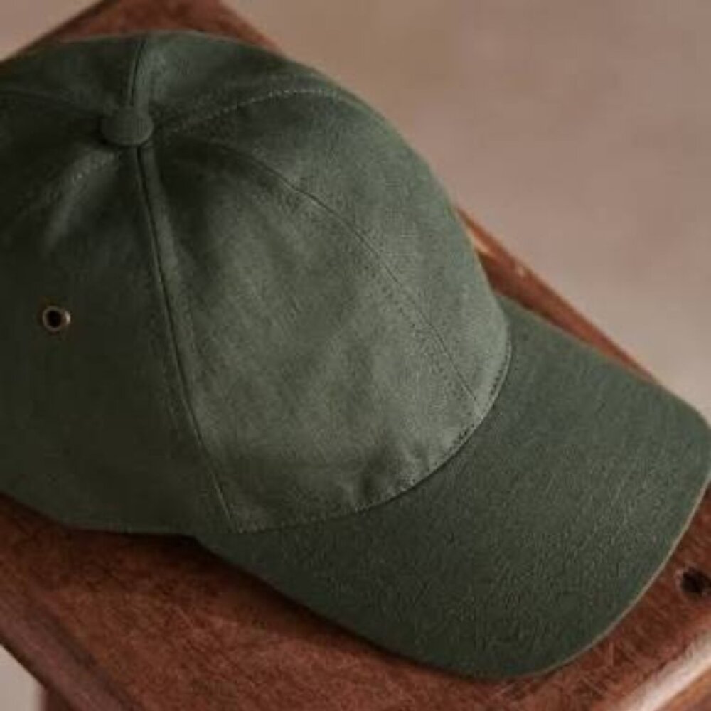 Octobre Editions Chase Cap 100% Linen Green French Leather Strap Rrp $65